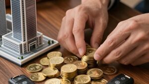Стопки золотых монет и ключи от авто, помогающие заработать первые миллионы Гранд Слот